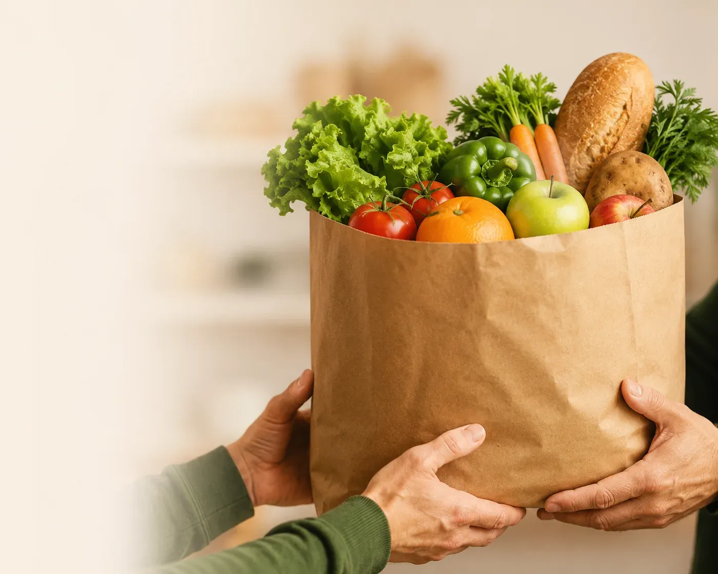 Hands holding a wooden crate filled with fresh vegetables, bread and canned goods, framed by a teal painted circle.